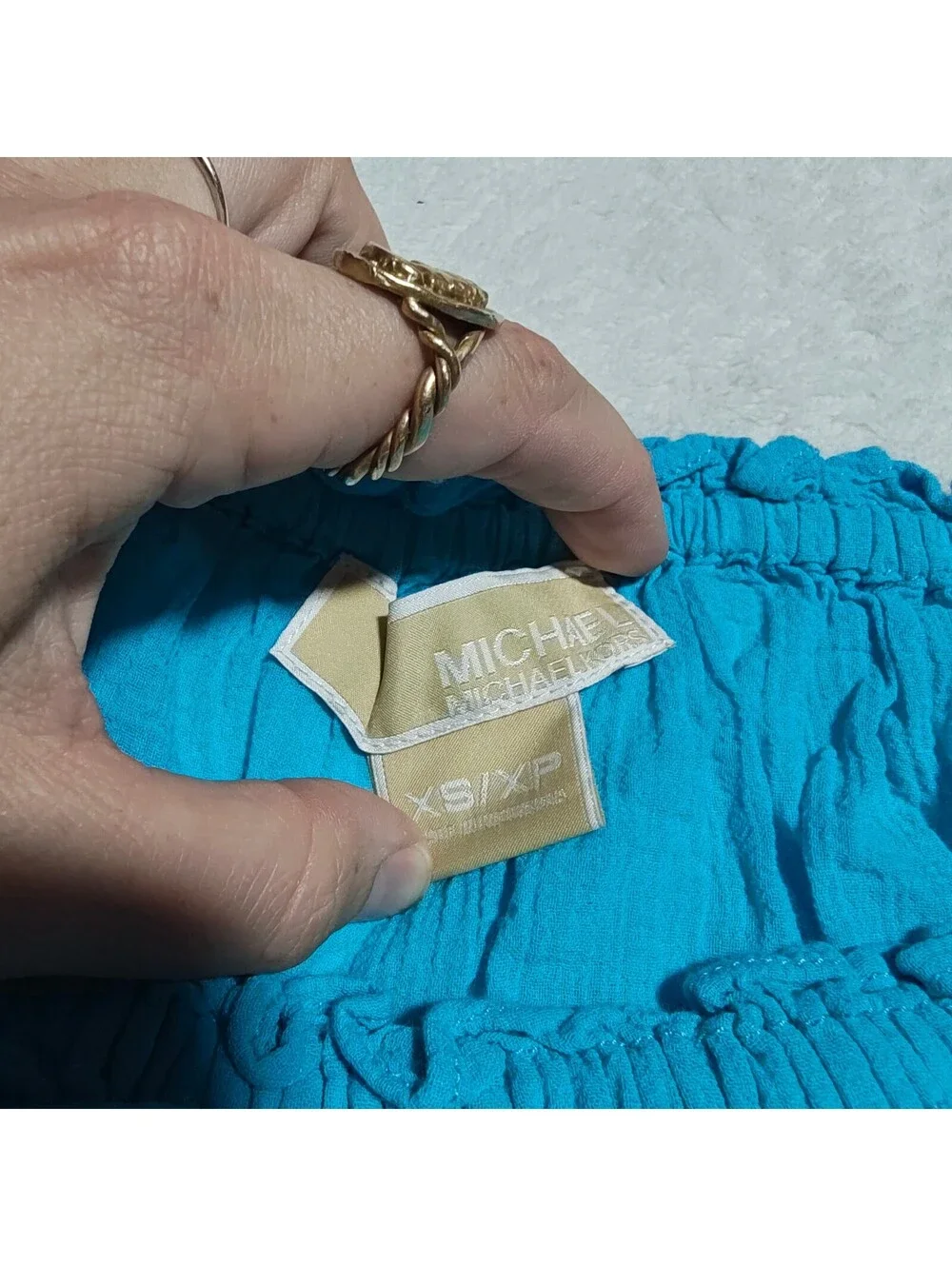 Michael Kors Turquoise aqua off shoulder peasant top w smocked waist euro summer